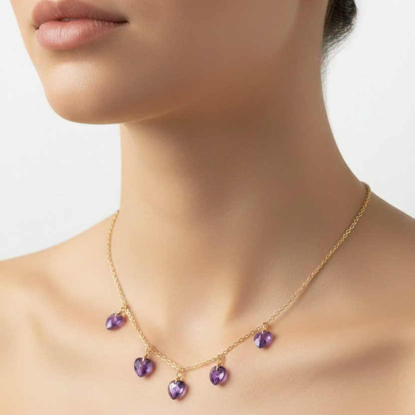 Amethyst Purple Crystal Heart Choker Necklace