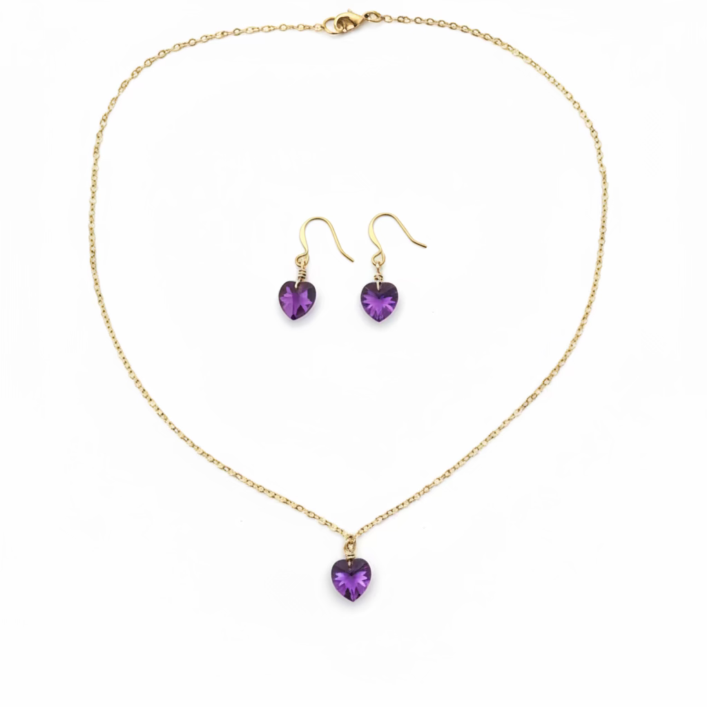 Amethyst Purple Crystal Heart Necklace and Earring Set
