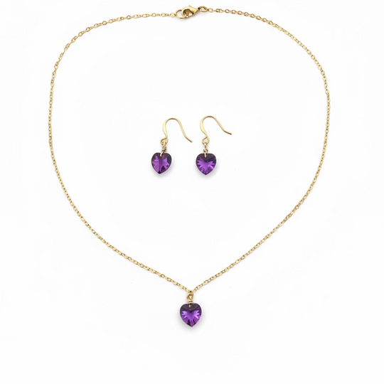 Amethyst Purple Crystal Heart Necklace and Earring Set