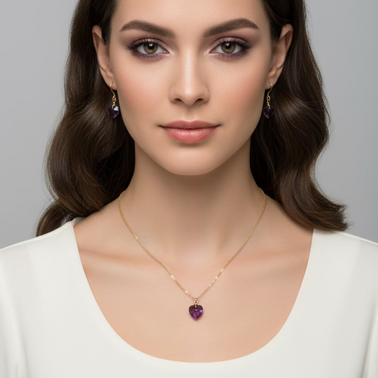 Amethyst Purple Crystal Heart Necklace and Earring Set