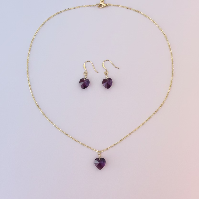 Amethyst Purple Crystal Heart Necklace and Earring Set