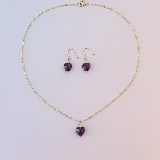 Amethyst Purple Crystal Heart Necklace and Earring Set