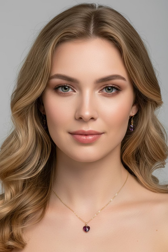 Amethyst Purple Crystal Heart Necklace and Earring Set