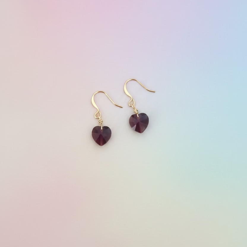 Amethyst Purple Crystal Heart Earrings