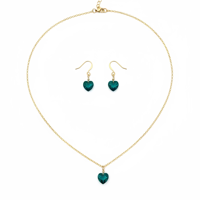 Emerald Green Crystal Heart Necklace and Earring Set