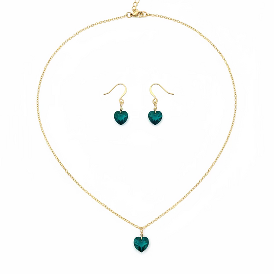 Emerald Green Crystal Heart Necklace and Earring Set