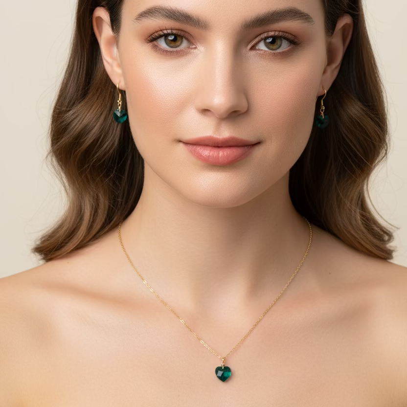 Emerald Green Crystal Heart Necklace and Earring Set