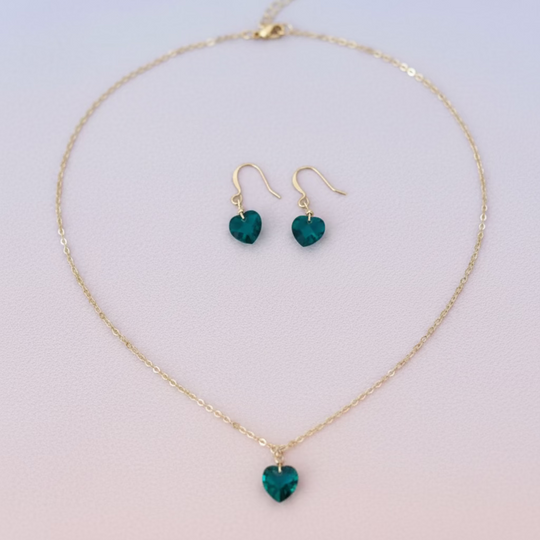 Emerald Green Crystal Heart Necklace and Earring Set