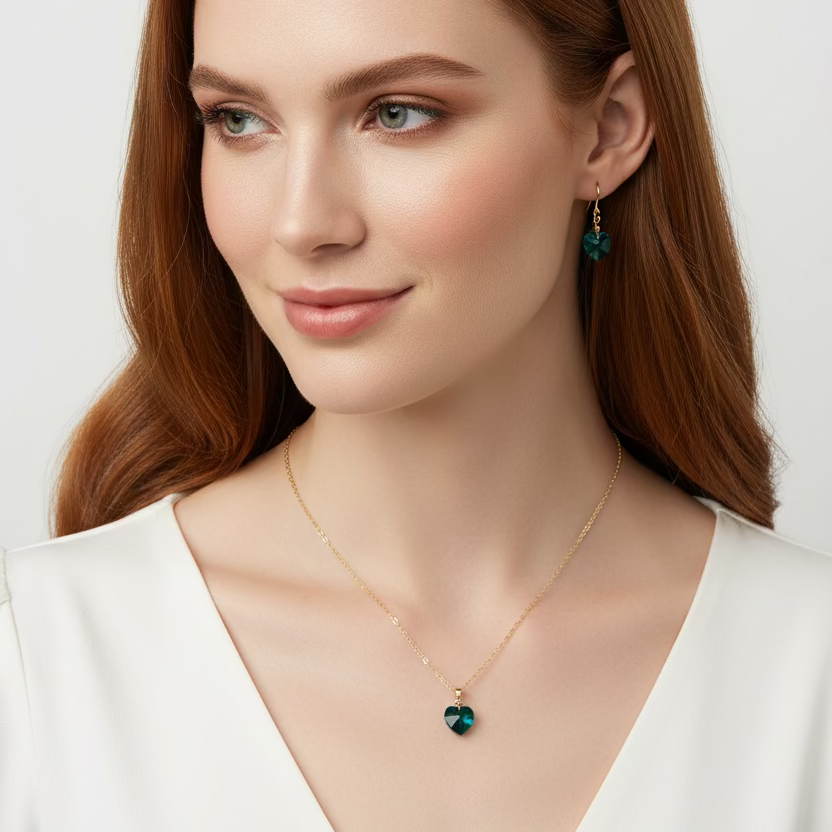 Emerald Green Crystal Heart Necklace and Earring Set