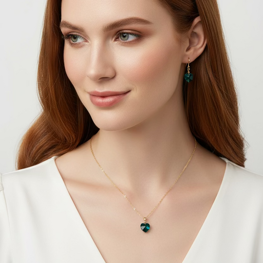 Emerald Green Crystal Heart Necklace and Earring Set