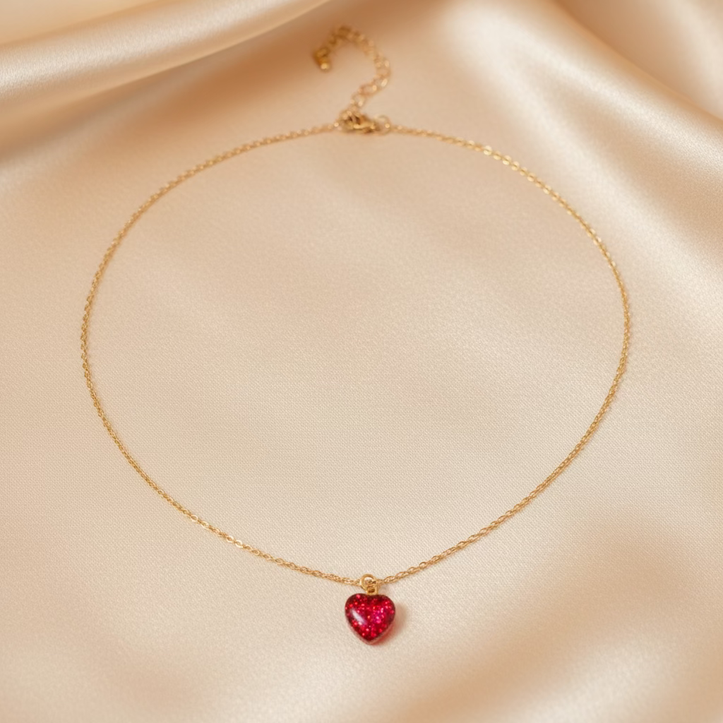 Ruby Red Heart Sparkle Charm Necklace