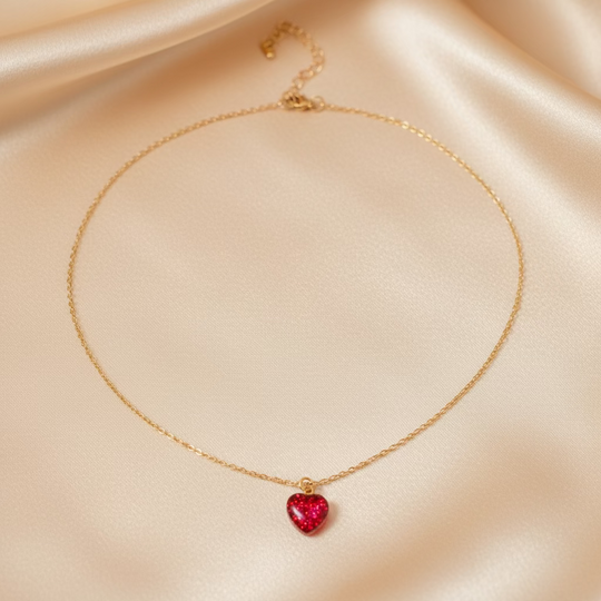 Ruby Red Heart Sparkle Charm Necklace