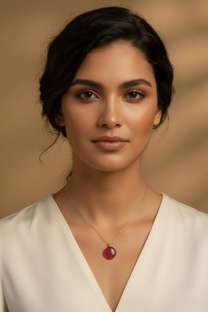 A delicate gold chain necklace with a small, round, dark red gemstone pendant, displayed on a light wood grain surface.