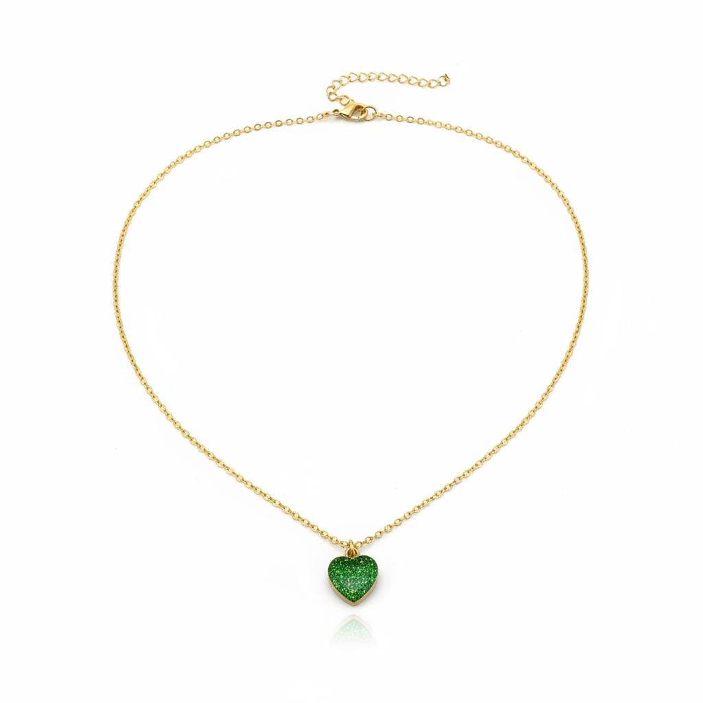 Peridot Green Sparkle Heart Charm Necklace