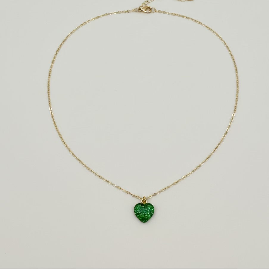 Peridot Green Sparkle Heart Charm Necklace