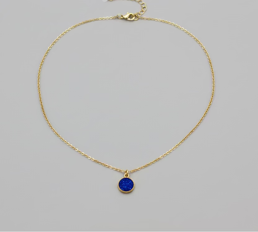Sapphire Blue Sparkle Circle Charm Necklace