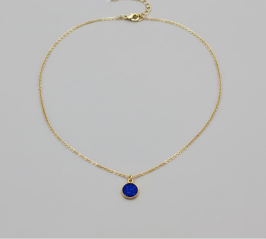 Sapphire Blue Sparkle Circle Charm Necklace
