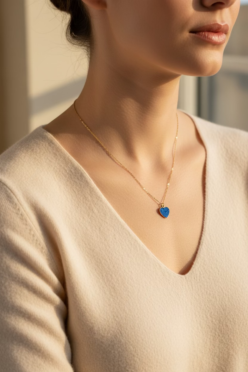Sapphire Blue Sparkle Heart Charm Necklace