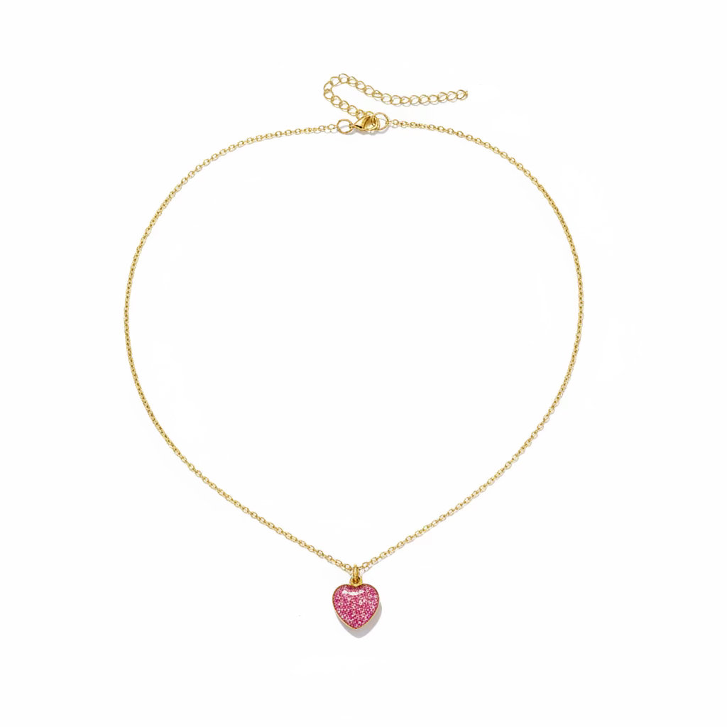 Tourmaline Pink Sparkle Heart Charm Necklace