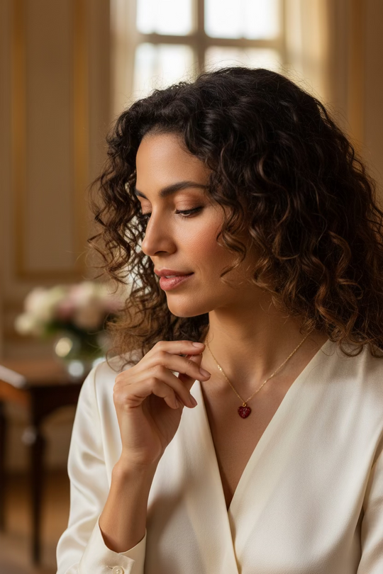 A delicate gold chain necklace with a small, textured red heart-shaped pendant, displayed on a light wood grain surface.