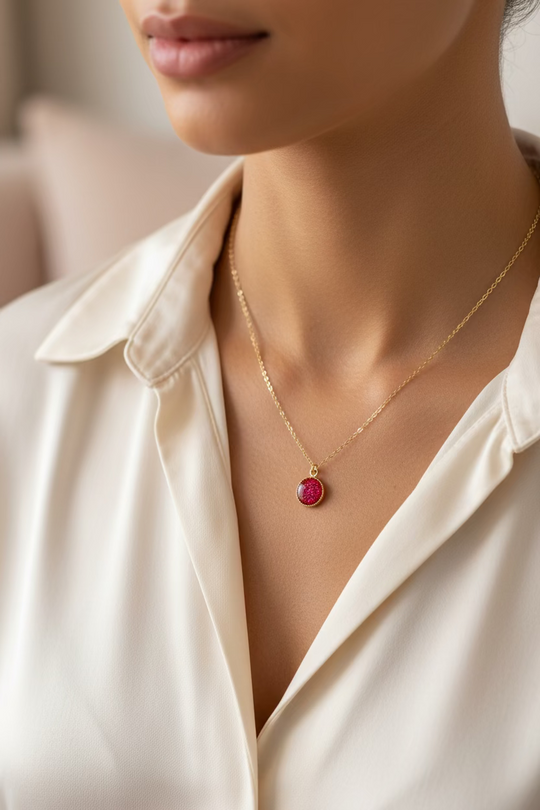 Tourmaline Pink Sparkle Circle Charm Necklace