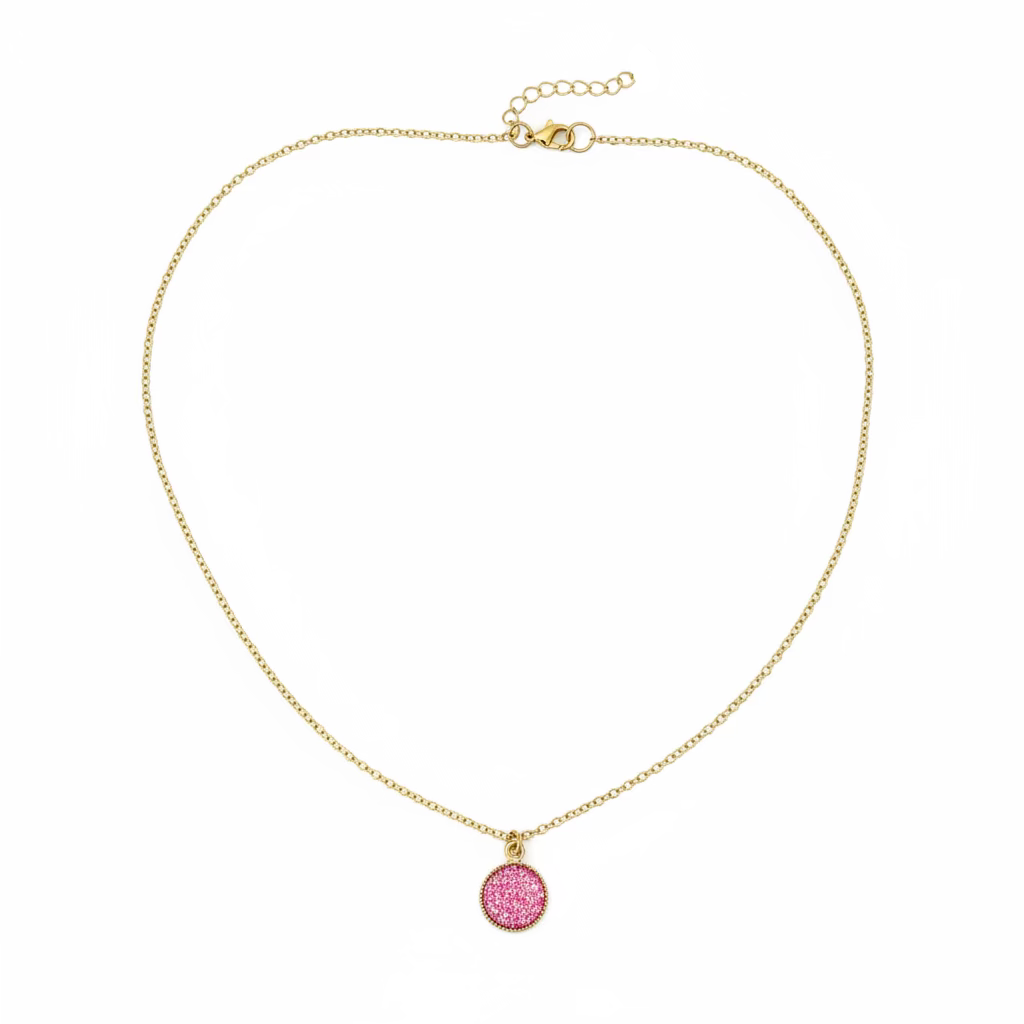 Tourmaline Pink Sparkle Circle Charm Necklace