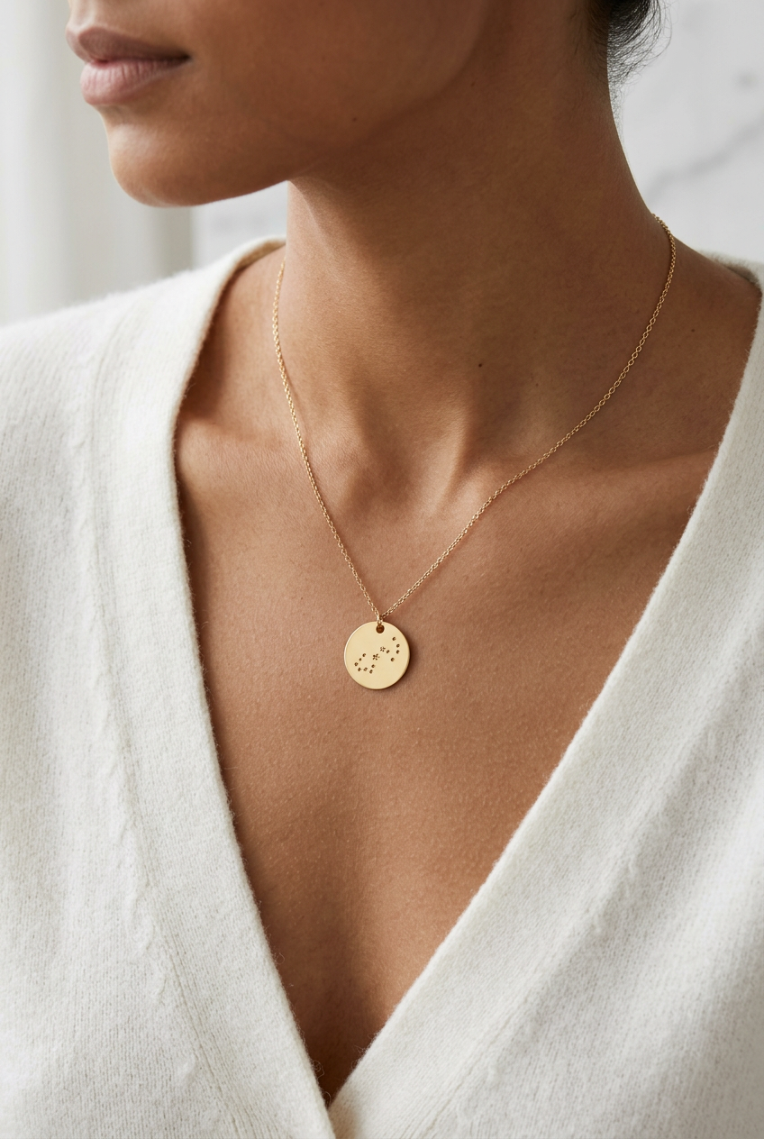 gold disk constellation charm necklace on woman