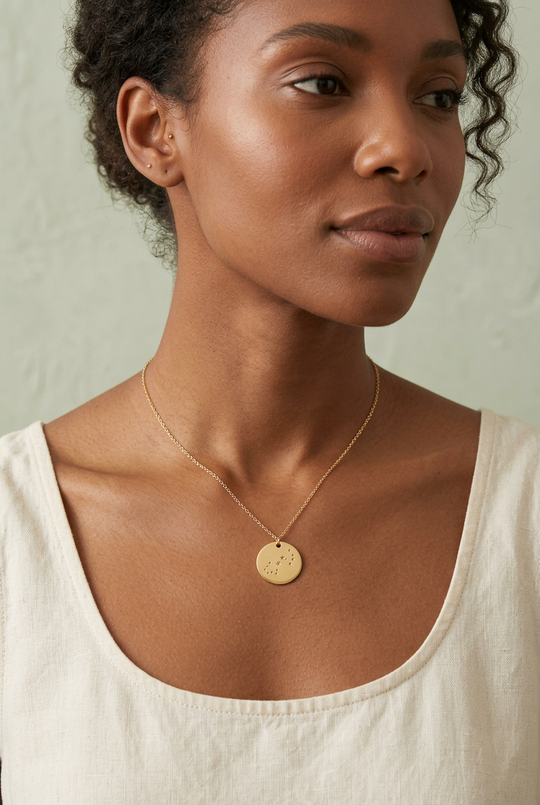 gold constellation hand stamped necklace on a woman