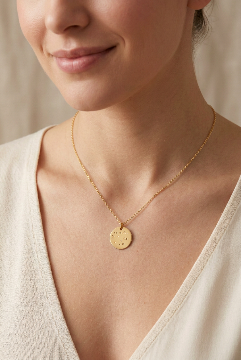 gold hand stamped constellation disk necklace on a woman
