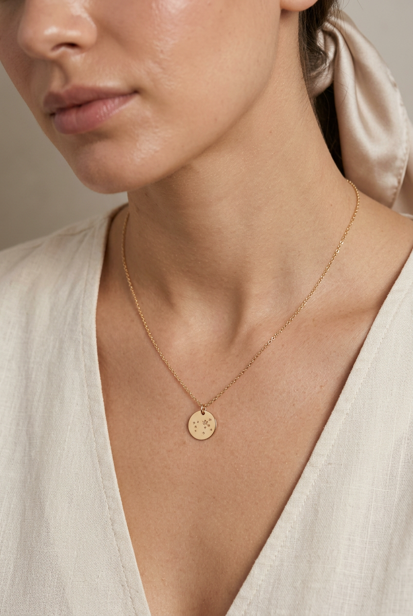 gold constellation disk necklace on a woman