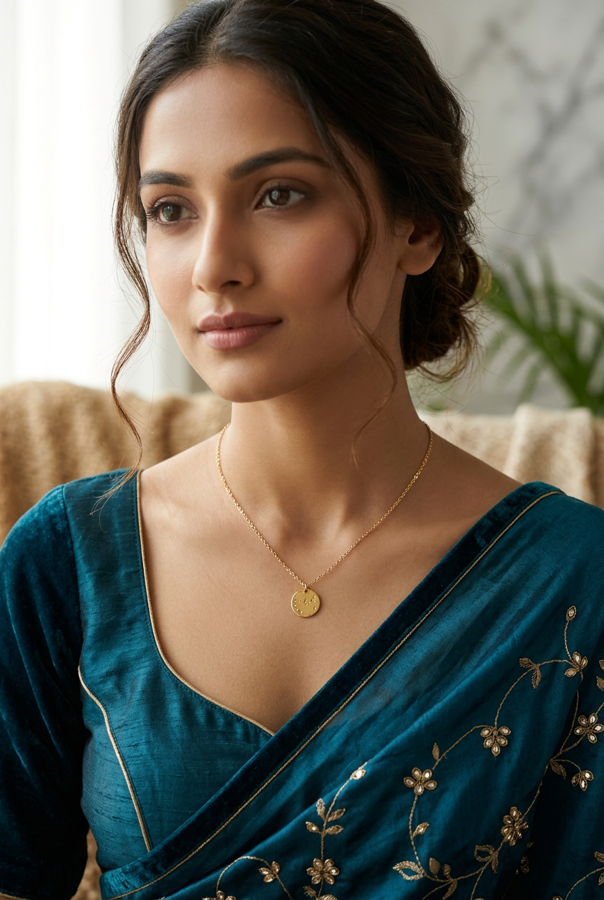 A delicate gold chain necklace with a small, round, textured gold pendant featuring tiny white dots, displayed on a textured gray background.