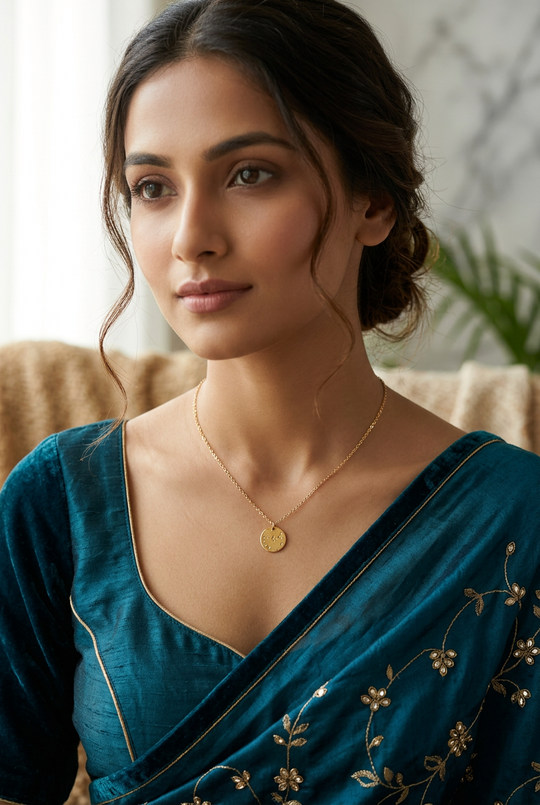 A delicate gold chain necklace with a small, round, textured gold pendant featuring tiny white dots, displayed on a textured gray background.