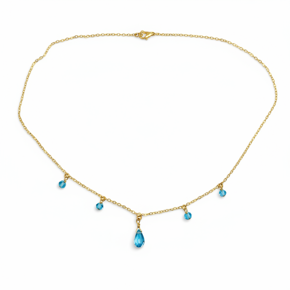 Blue Crystal Teardrop Necklace, our teardrop necklace has a aquamarine crystal color, sweet & petite on 14k gold filled dainty chain, a personal and unique jewelry treasure.