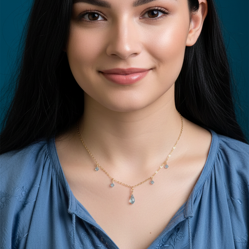 Blue Crystal Teardrop Necklace, our teardrop necklace has a aquamarine crystal color, sweet & petite on 14k gold filled dainty chain, a personal and unique jewelry treasure.