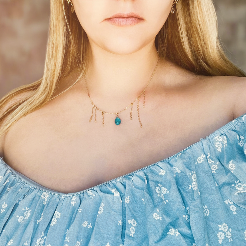 Turquoise Blue Crystal Gold Tassel Necklace Minimalist Jewelry, hand made with a boho chic style in mind.  Each necklace is uniquely crafted with 14k gold 