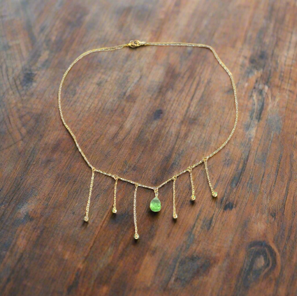 Peridot Green Crystal Gold Tassel Necklace Minimalist Jewelry, hand made with a boho chic style in mind. Each necklace is uniquely crafted with 14k gold