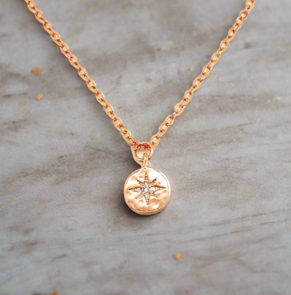Rose Gold Compass Star Charm Necklace, this tiny rose gold hammered compass charm has a sparkling crystal center star, with minimalist design