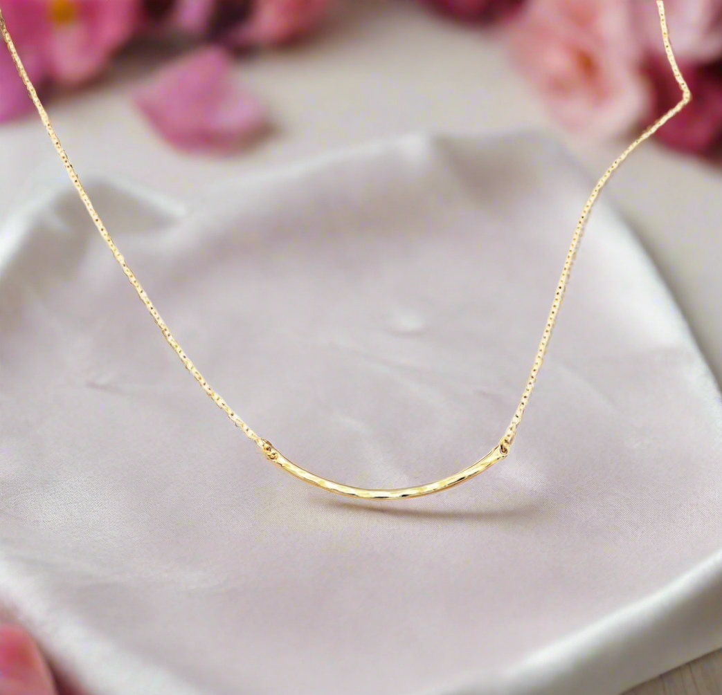 14K Gold Curved Skinny Bar Necklace, our small curved skinny bar charm with hammered edges is on 14k gold-filled chain, a sleek, slim bar that has a minimalist design 
