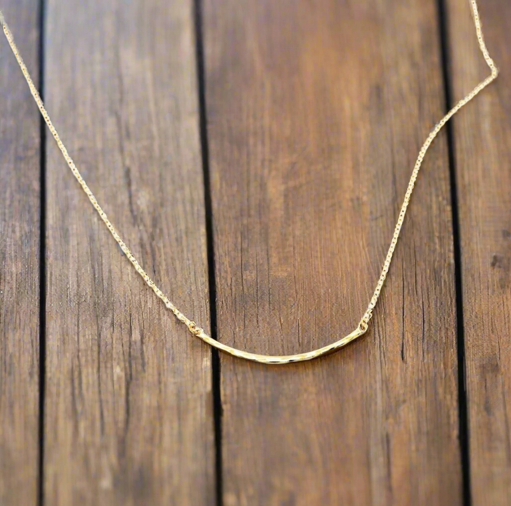 14K Gold Curved Skinny Bar Necklace, our small curved skinny bar charm with hammered edges is on 14k gold-filled chain, a sleek, slim bar that has a minimalist design 