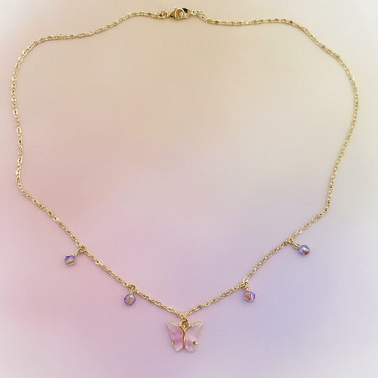 Pink Butterfly Choker Necklace, Add a touch of charm with the Pink Butterfly Necklace, a delightful mix of pearlized and crystal butterflies crafted by hand