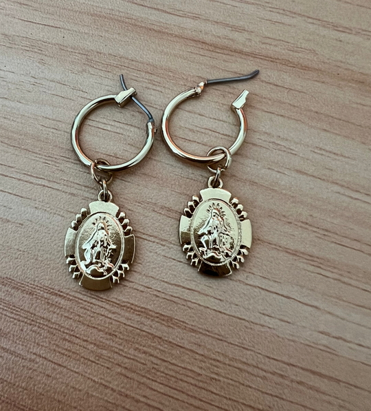 Gold Mary Medallion Huggies Hoop Earrings, Minimalist gold Mary huggie hoops designed for everyday. These 10mm hoops feature petite VM medallion charm 