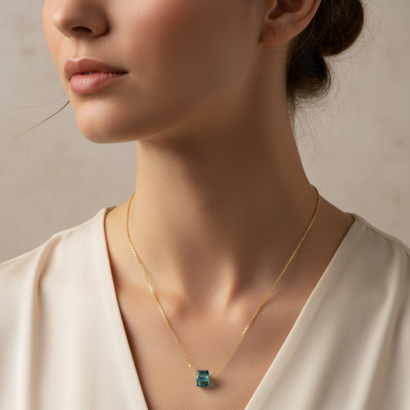 Turquoise Blue Crystal Cube Necklace
