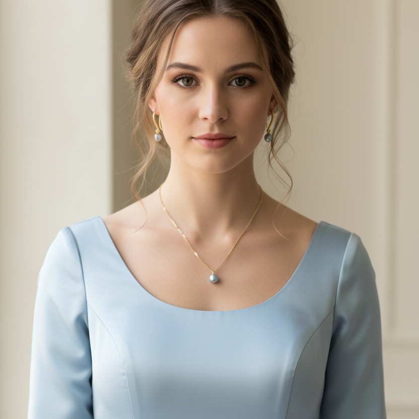 Baby Blue Pearl Bridesmaid Gift Necklace Earring Set