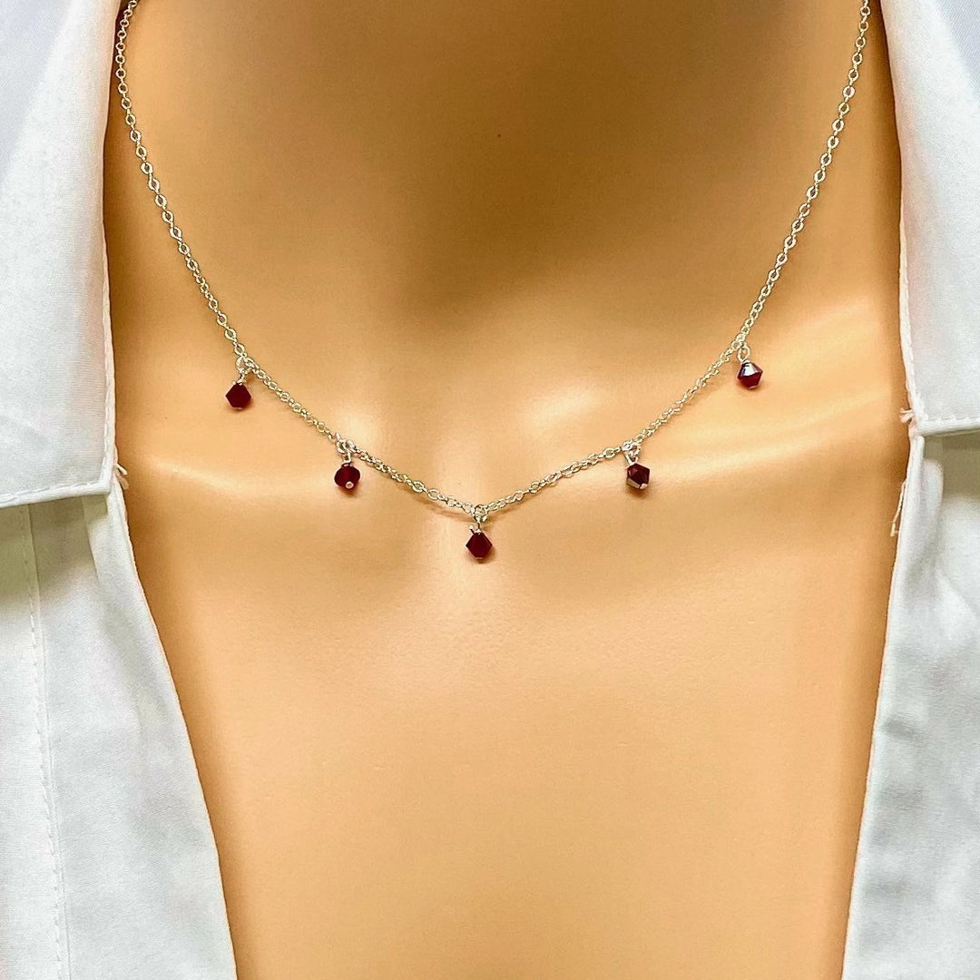 Red Crystal Choker Silver Necklace Minimalist Jewelry, hand made with facetted petite crystals, wire wrapped on 14k gold filled chain, completed with a 14k gold f
