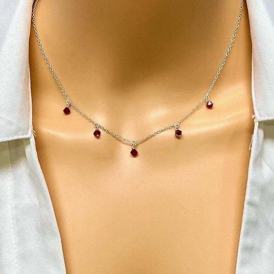 Red Crystal Choker Silver Necklace Minimalist Jewelry, hand made with facetted petite crystals, wire wrapped on 14k gold filled chain, completed with a 14k gold f