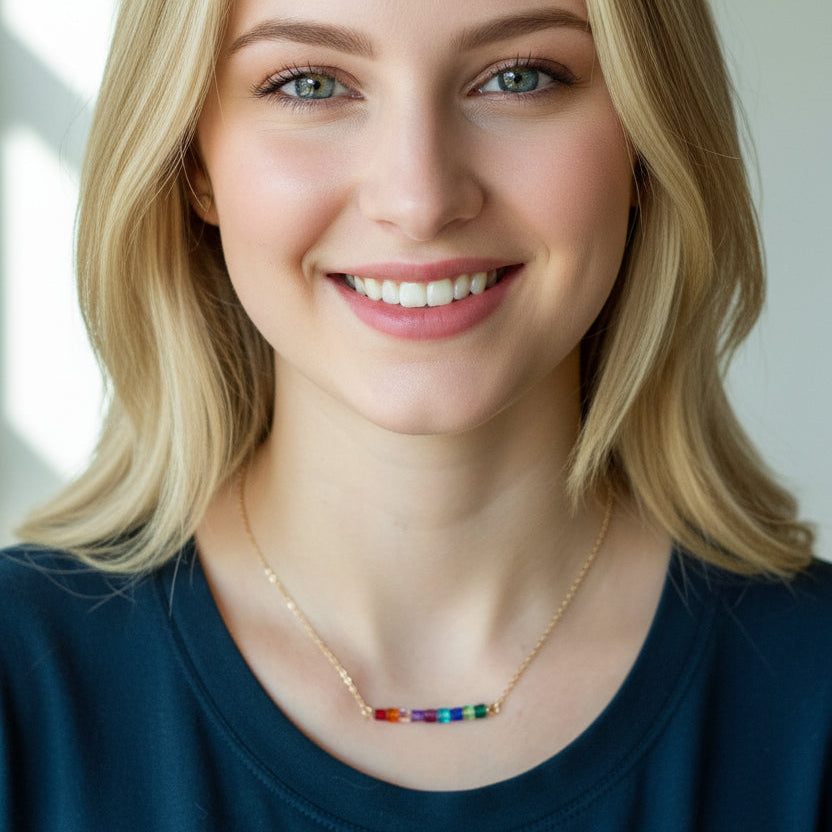 Rainbow Crystal Cube Bar Necklace Custom Color Jewelry, is an effortlessly gorgeous and minimalist necklace that will become a daily staple. P