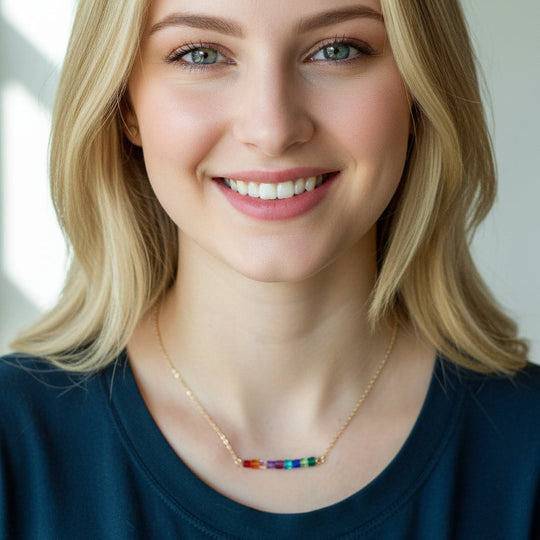 Rainbow Crystal Cube Bar Necklace Custom Color Jewelry, is an effortlessly gorgeous and minimalist necklace that will become a daily staple. P