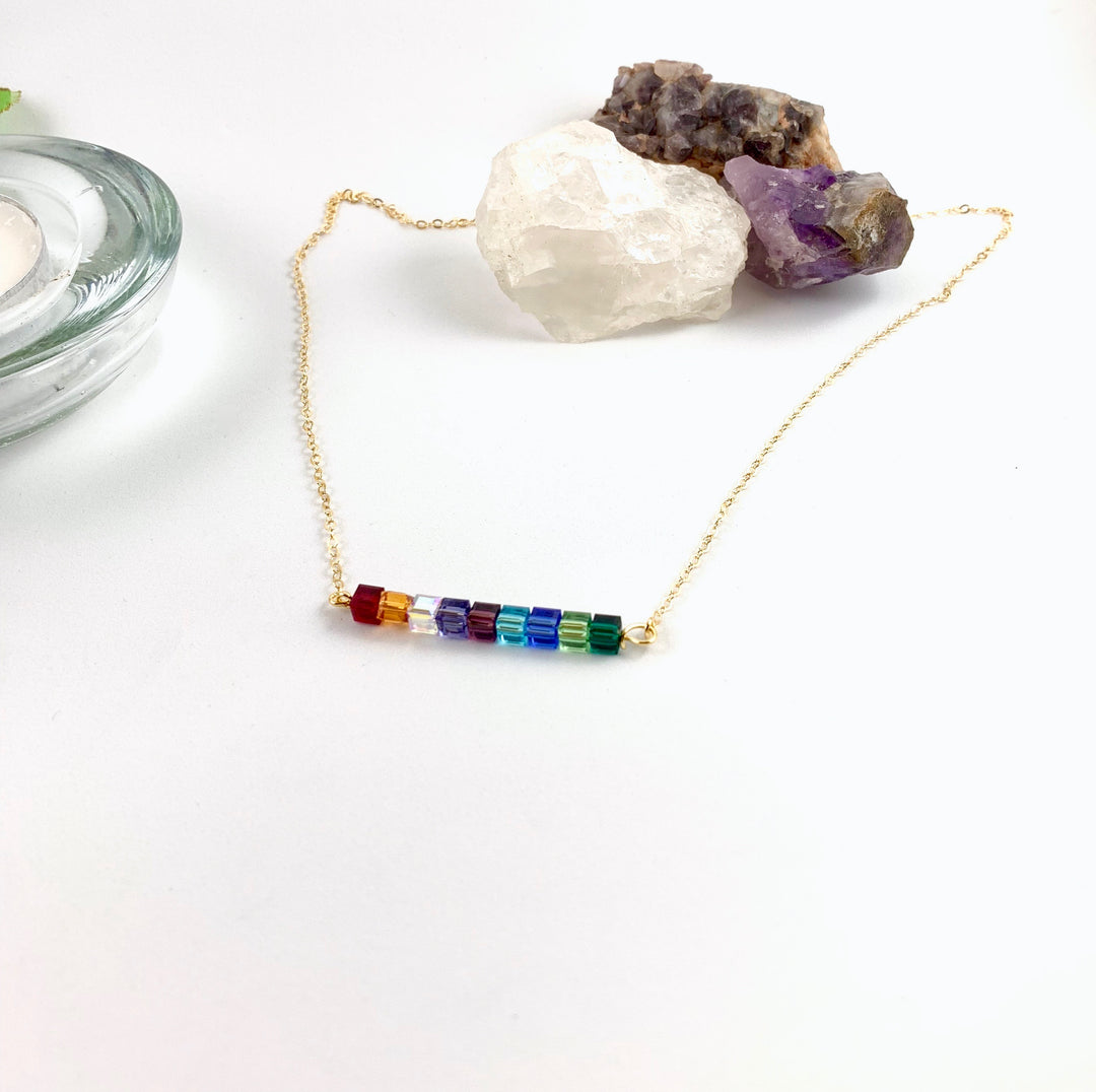 Rainbow Crystal Cube Bar Necklace Custom Color Jewelry, is an effortlessly gorgeous and minimalist necklace that will become a daily staple. P