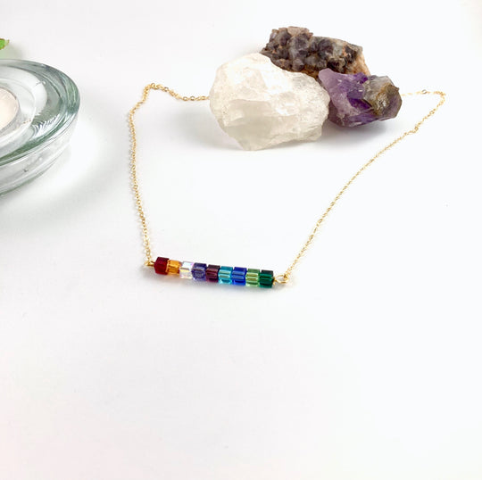Rainbow Crystal Cube Bar Necklace Custom Color Jewelry, is an effortlessly gorgeous and minimalist necklace that will become a daily staple. P