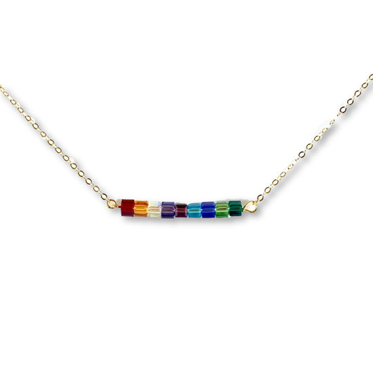Rainbow Crystal Cube Bar Necklace Custom Color Jewelry, is an effortlessly gorgeous and minimalist necklace that will become a daily staple. P